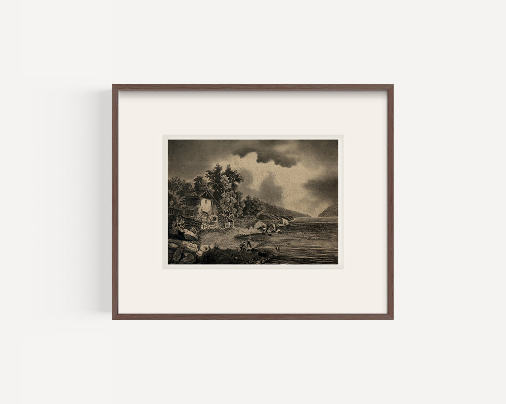 Early 1900's Antique French Moody Coastal Village Landscape Drawing in Charcoal on Paper