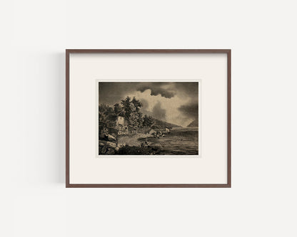 Early 1900's Antique French Moody Coastal Village Landscape Drawing in Charcoal on Paper