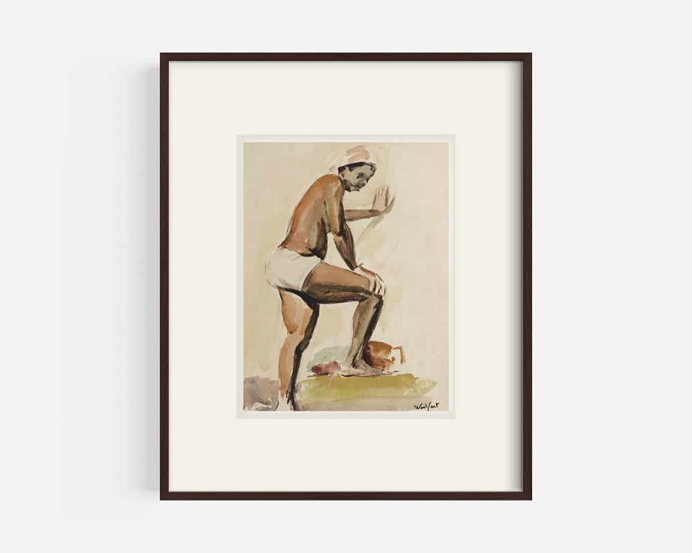 Mid 20th Century Vintage French Watercolor Portrait of Peasant Woman and Jug, Signed by French Artist Marius Woulfart