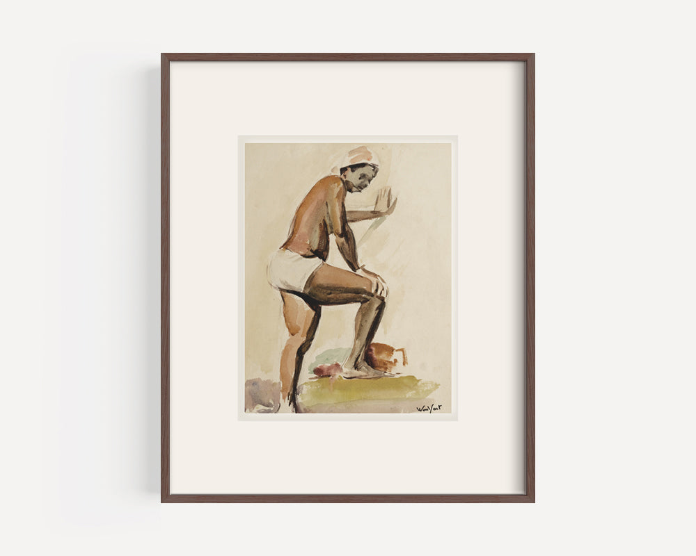 Mid 20th Century Vintage French Watercolor Portrait of Peasant Woman and Jug, Signed by French Artist Marius Woulfart