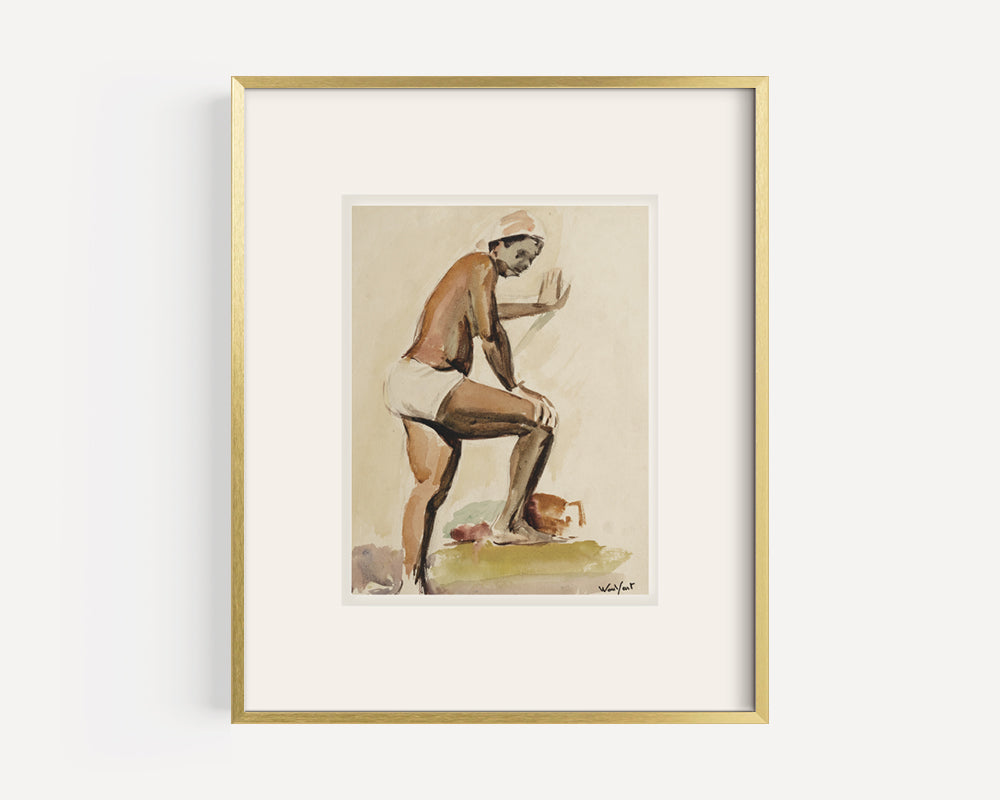 Mid 20th Century Vintage French Watercolor Portrait of Peasant Woman and Jug, Signed by French Artist Marius Woulfart