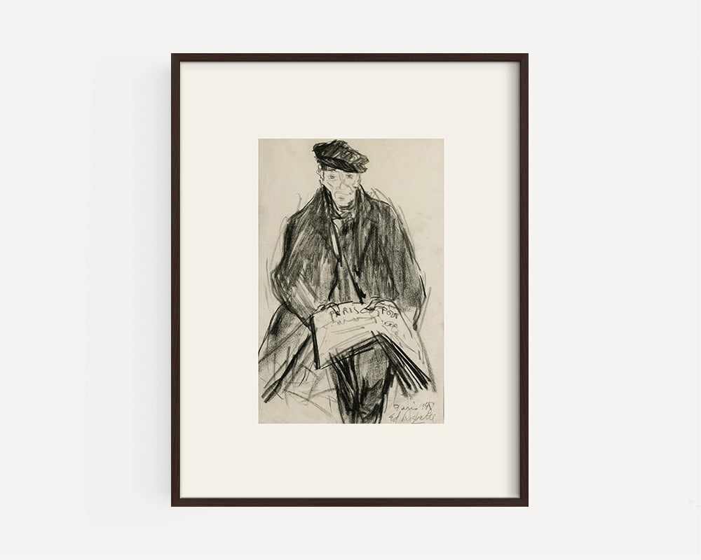 Mid-Century Vintage French Portrait of Gentleman Reading Newspaper, Charcoal on Paper. Signed by French Artist  Edouard Righetti, 1948