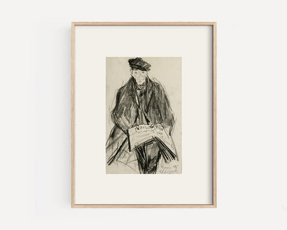 Mid-Century Vintage French Portrait of Gentleman Reading Newspaper, Charcoal on Paper. Signed by French Artist  Edouard Righetti, 1948