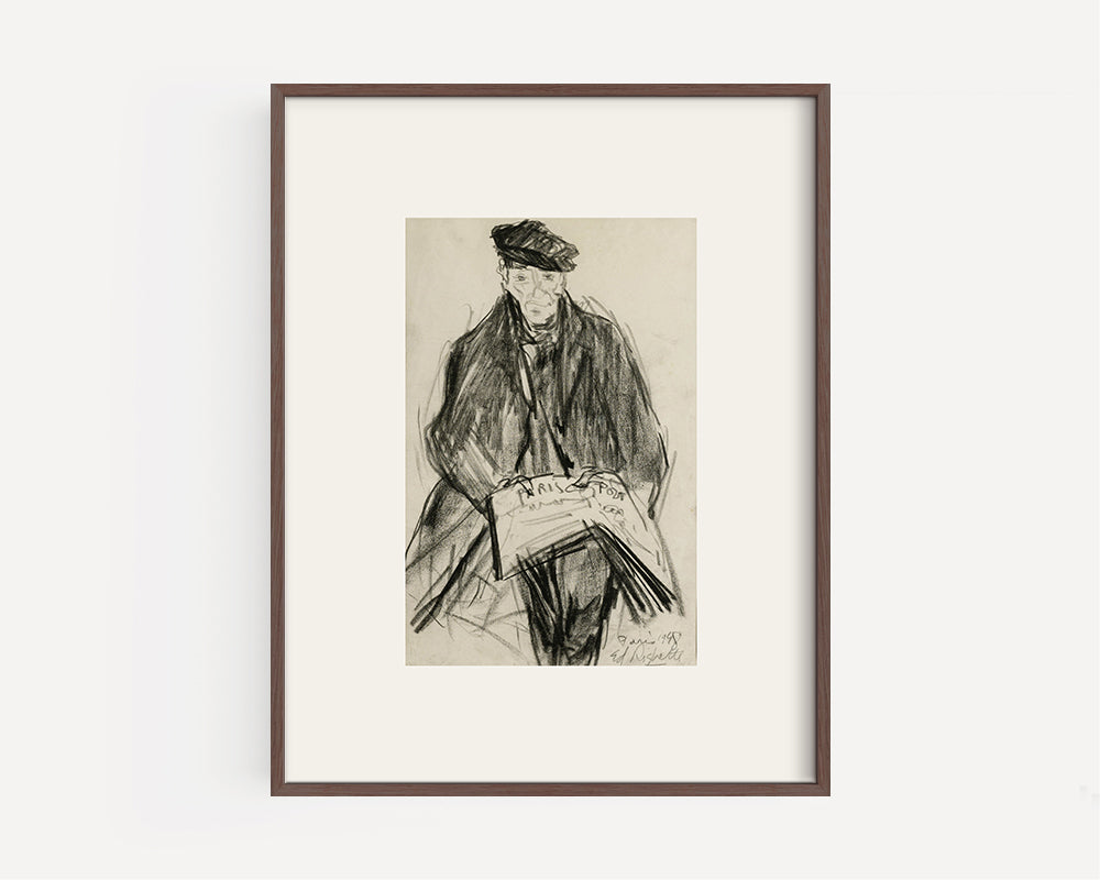 Mid-Century Vintage French Portrait of Gentleman Reading Newspaper, Charcoal on Paper. Signed by French Artist  Edouard Righetti, 1948