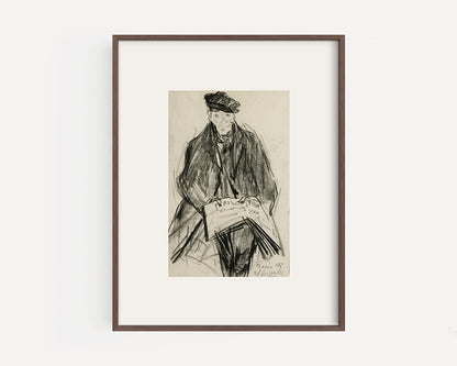 Mid-Century Vintage French Portrait of Gentleman Reading Newspaper, Charcoal on Paper. Signed by French Artist  Edouard Righetti, 1948