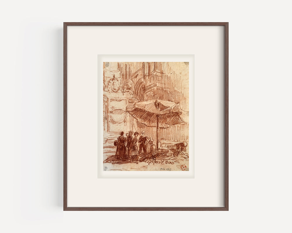 Early 1900's Antique French City Scene Drawing on Paper in Sepia Crayon, Signed by French Artist Maurice de Lambert