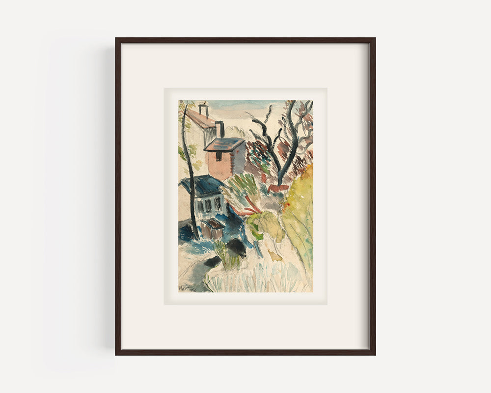 Vintage European Mid 1900's Expressionistic Village Scene in Watercolor on Paper, Signed by French Artist Martine