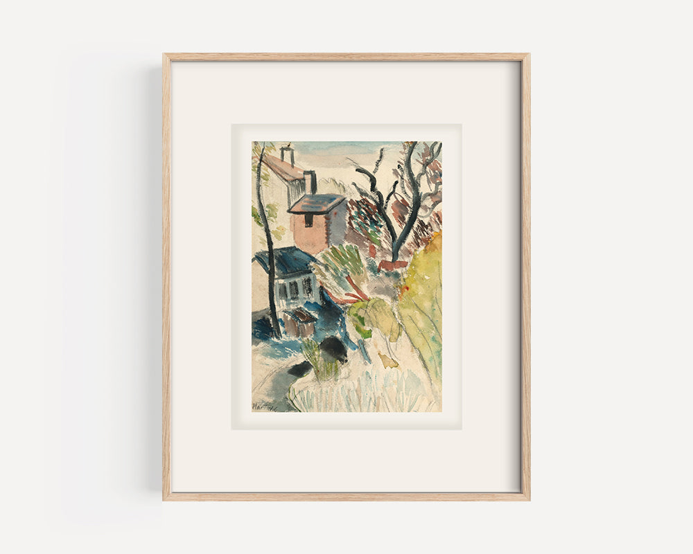 Vintage European Mid 1900's Expressionistic Village Scene in Watercolor on Paper, Signed by French Artist Martine