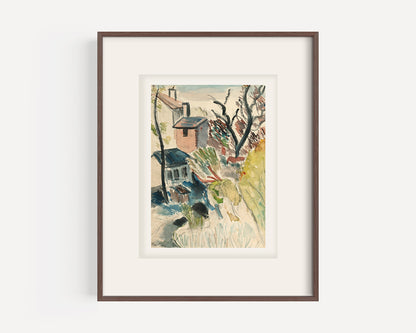 Vintage European Mid 1900's Expressionistic Village Scene in Watercolor on Paper, Signed by French Artist Martine