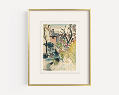 Vintage European Mid 1900's Expressionistic Village Scene in Watercolor on Paper, Signed by French Artist Martine