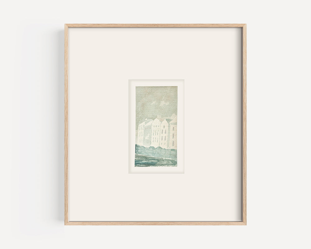 Early 1900's Small Vintage French Coastal Village Scene Watercolor on Paper