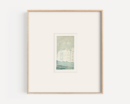 Early 1900's Small Vintage French Coastal Village Scene Watercolor on Paper