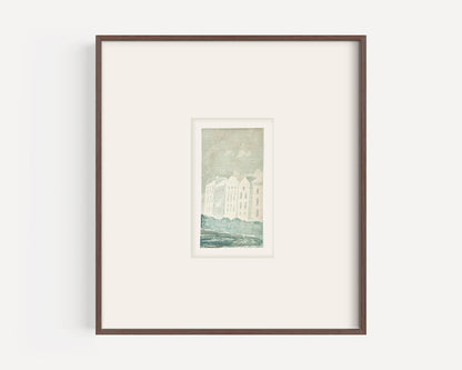 Early 1900's Small Vintage French Coastal Village Scene Watercolor on Paper