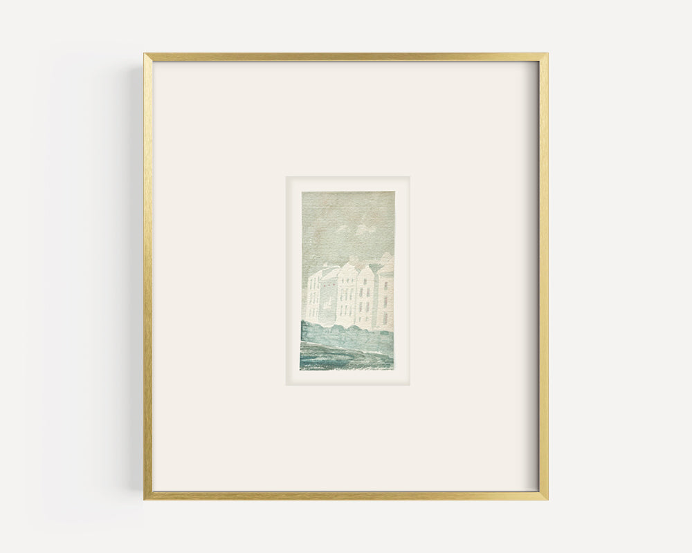 Early 1900's Small Vintage French Coastal Village Scene Watercolor on Paper