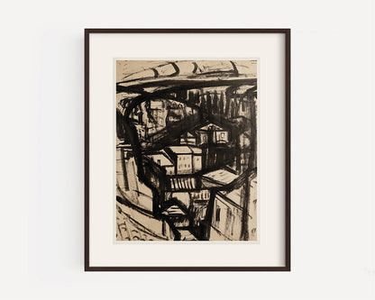 Mid 20th Century Vintage European Expressionistic Cityscape painting in India Ink on Paper, Signed Auch