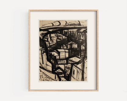 Mid 20th Century Vintage European Expressionistic Cityscape painting in India Ink on Paper, Signed Auch