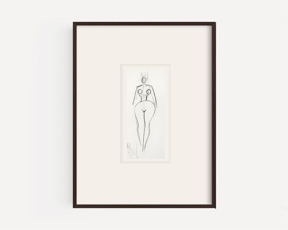 Small Vintage French Mid-Century Modern Abstract Female Nude Figural Line Drawing in Graphite on Paper