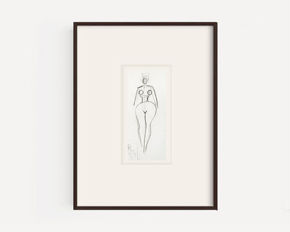 Small Vintage French Mid-Century Modern Abstract Female Nude Figural Line Drawing in Graphite on Paper