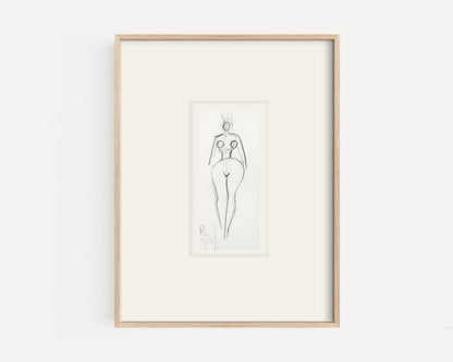 Small Vintage French Mid-Century Modern Abstract Female Nude Figural Line Drawing in Graphite on Paper