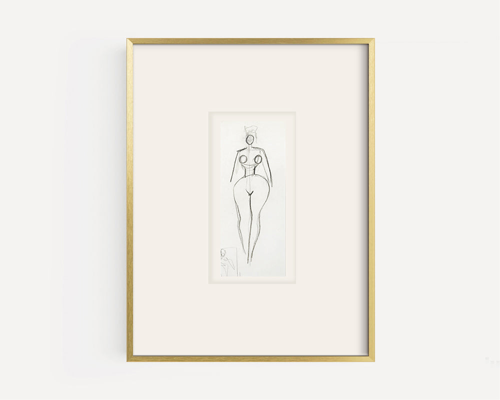 Small Vintage French Mid-Century Modern Abstract Female Nude Figural Line Drawing in Graphite on Paper