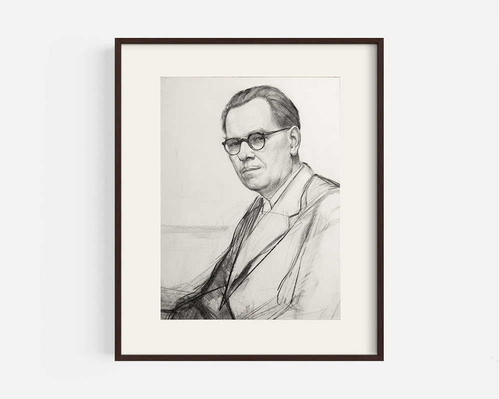 Early 1900's Vintage French Realistic Portrait of Man In Suit with Spectacles, Charcoal on Paper