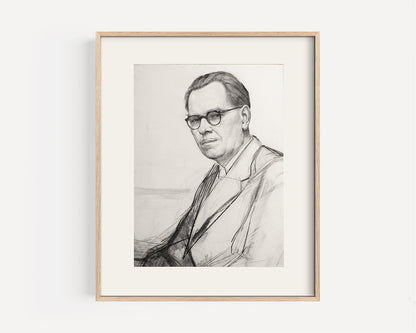 Early 1900's Vintage French Realistic Portrait of Man In Suit with Spectacles, Charcoal on Paper