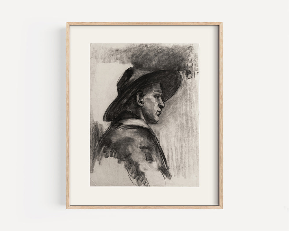 Early 1900's Antique French Moody Portrait of Man in Hat, Charcoal on Paper