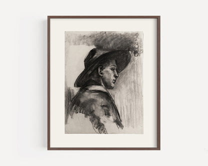 Early 1900's Antique French Moody Portrait of Man in Hat, Charcoal on Paper