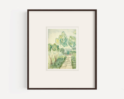 Small Early 1900's Antique French Expressionist Watercolor Landscape of Scenic Trees on Paper