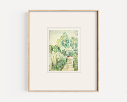 Small Early 1900's Antique French Expressionist Watercolor Landscape of Scenic Trees on Paper