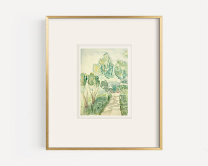 Small Early 1900's Antique French Expressionist Watercolor Landscape of Scenic Trees on Paper