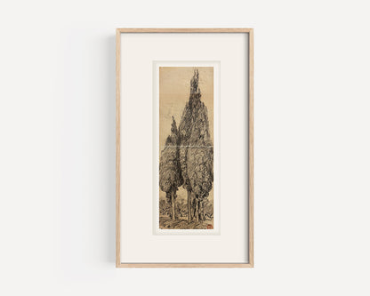 Rare Early 1900's Antique French Charcoal Drawing of Cypress on Paper, Signed by French Artist Maurice de Lambert