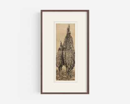 Rare Early 1900's Antique French Charcoal Drawing of Cypress on Paper, Signed by French Artist Maurice de Lambert