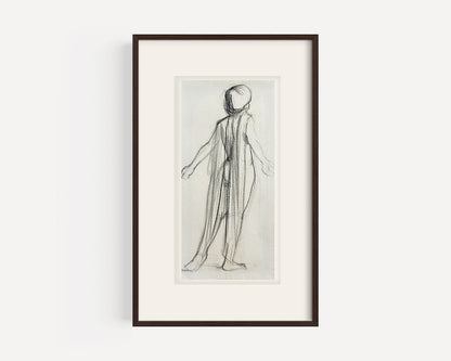 Early 1900's Antique French Classical Figural Drawing of Draped Woman in Charcoal on Paper