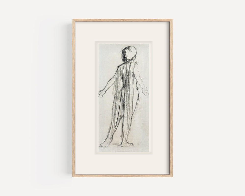 Early 1900's Antique French Classical Figural Drawing of Draped Woman in Charcoal on Paper