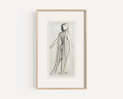 Early 1900's Antique French Classical Figural Drawing of Draped Woman in Charcoal on Paper