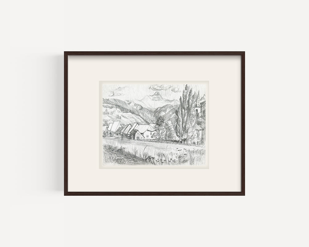 1890s French sale Graphite drawing on paper. Landscapes with farmhouses in France.