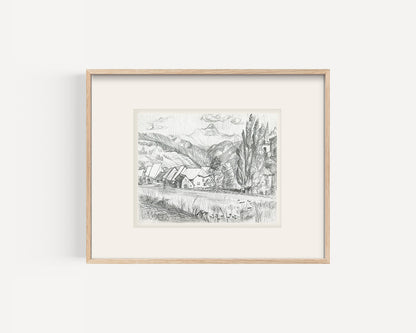 Early 1900's Vintage French Expressionistic Landscape Drawing of Village Scene along Road, Graphite on Paper