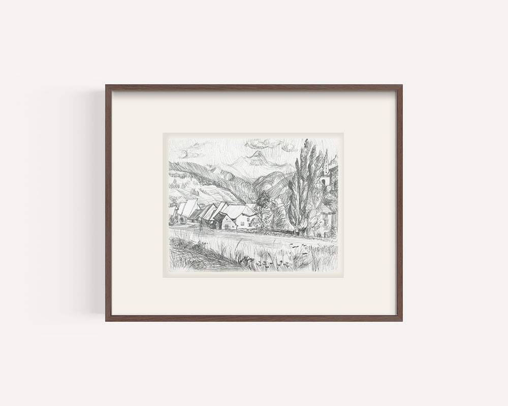 Early 1900's Vintage French Expressionistic Landscape Drawing of Village Scene along Road, Graphite on Paper