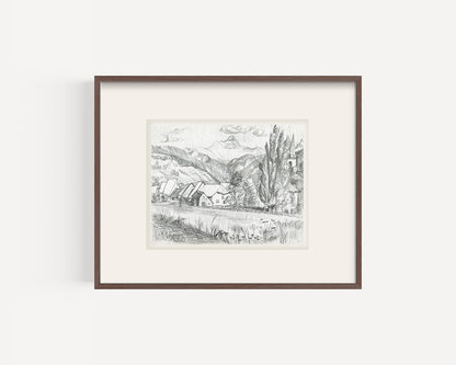 Early 1900's Vintage French Expressionistic Landscape Drawing of Village Scene along Road, Graphite on Paper