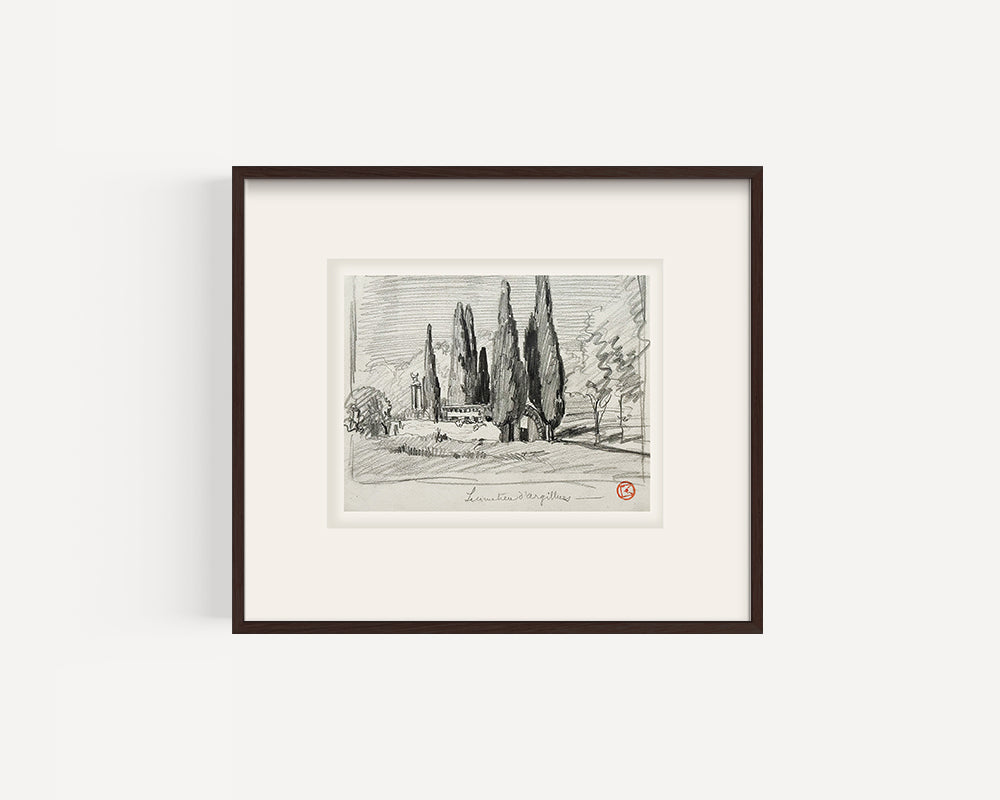 Rare Small Antique Charcoal Landscape drawing of "Cemetiere d'Argilliers". Signed by French Artist Maurice de Lambert.