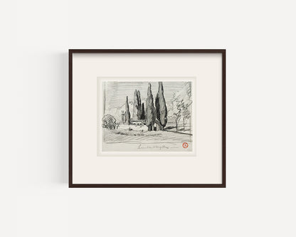 Rare Small Antique Charcoal Landscape drawing of "Cemetiere d'Argilliers". Signed by French Artist Maurice de Lambert.