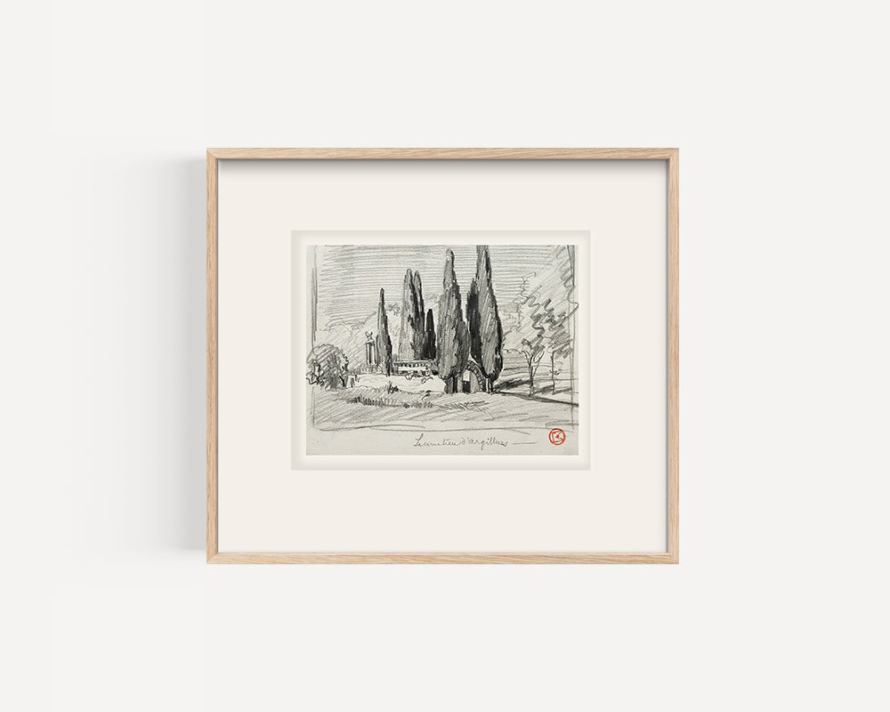 Rare Small Antique Charcoal Landscape drawing of "Cemetiere d'Argilliers". Signed by French Artist Maurice de Lambert.