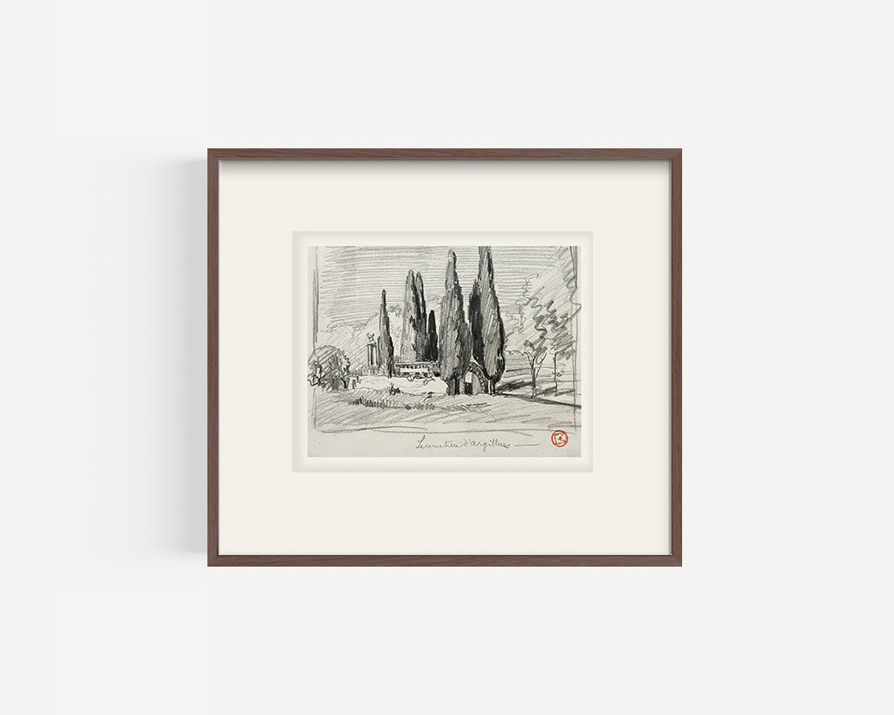 Rare Small Antique Charcoal Landscape drawing of "Cemetiere d'Argilliers". Signed by French Artist Maurice de Lambert.