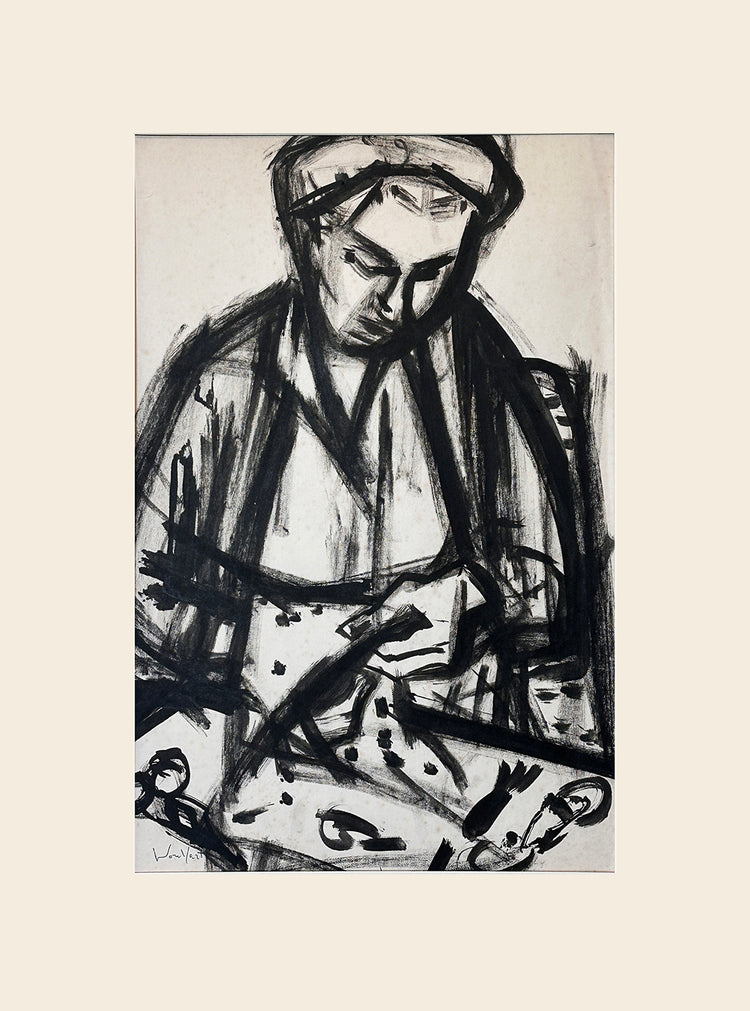 Mid-Century ink on paper illustration of woman sewing and bowed head