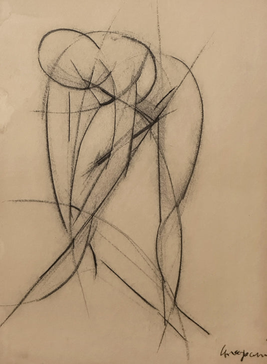 Mid-Century Vintage Abstract Charcoal Figure Drawing With Custom Mat Signed by Tomas F. Concepcion