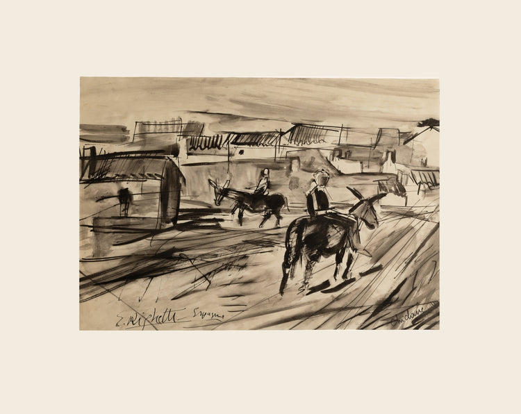 Mid-century ink on paper expressionist illustration of farm with two men on horseback