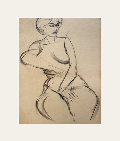 Mid-Century Vintage French Abstract Charcoal Nude Drawing With Custom Mat