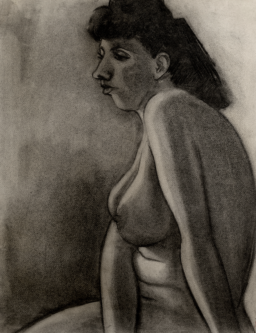 Mid 20th Century French Academic Nude Female Figural Drawing in Charcoal on Paper