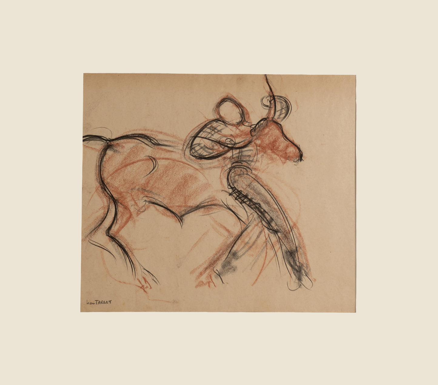 Mid-Century Vintage Abstract French Drawing of Spanish Style Bullfighting Scene Signed by Jean Target With Mat
